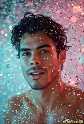 A shirtless man stares forward surrounded by bright water droplets in teal and pink light