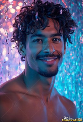 In cascading water under blue light, a smiling bare-chested man with curly hair
