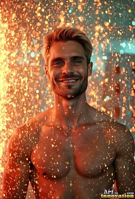 Smiling in warm light, a shirtless blond man stands in falling orange sparks
