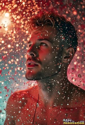 A man looking up through water falling down drops in red light