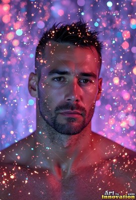 Short dark hair covers the head of a shirtless man under bright purple water drops
