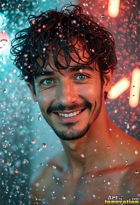 A happy man stands under falling water lit by split teal and warm red light