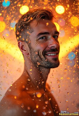 Turned toward the camera, a man with a smile stands in warm yellow water droplets