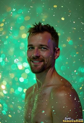 A grinning man without a shirt with a short beard stands under green sparkling lights