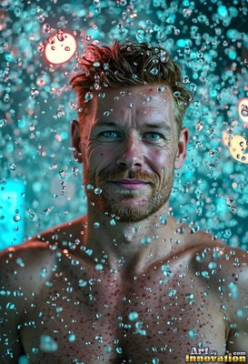 In teal light, a shirtless man smiles behind a spray of cascading drops of water