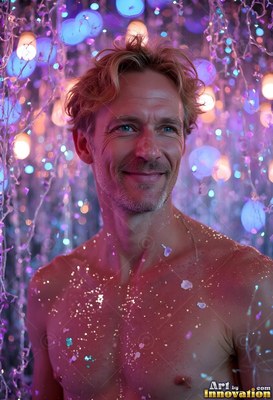Smiling softly, a shirtless man stands under hanging purple and blue lights