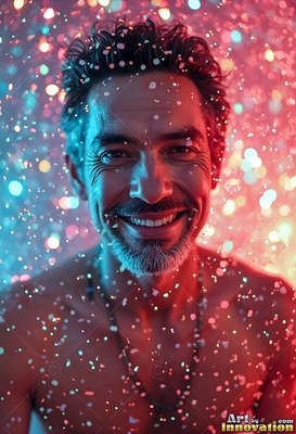 Shirtless man with a smile covered in falling shiny spots of light