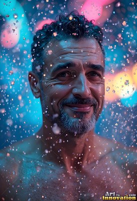 Smiling with a gray beard, a bare-shouldered man stands in blue water droplets and colorful blur