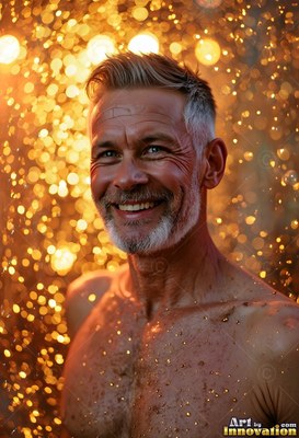 A bare-chested man smiling stands in falling water droplets lit by warm golden light
