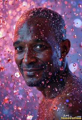 Turned toward the viewer, a smiling man stands in falling pink drops of water