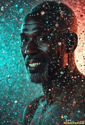 A smiling older man stands behind floating water droplets in blue and orange light