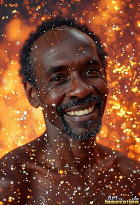 In bright orange light, a man smiling without a shirt stands behind falling bright specks