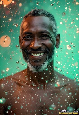 Smiling through falling water drops, a man with a gray beard stands in bright green light