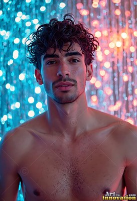 Shirtless man with wet hair against blurred blue and pink lights