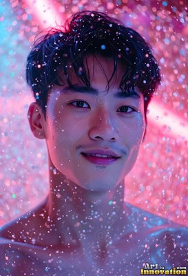 Dark wet hair clings to a man smiling surrounded by falling pink and blue water drops
