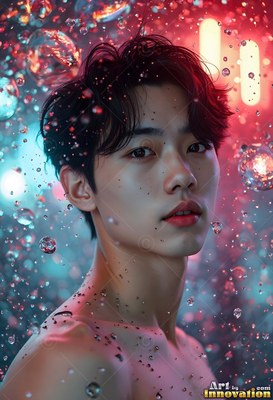 A shirtless young man looks forward as water droplets fall around him in pink light