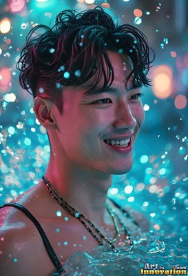 Turned sideways, a grinning man stands in blue water under falling drops