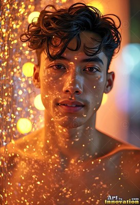 A shirtless young man faces forward as warm yellow fairy lights blur around him
