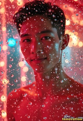 Under bright red light, a shirtless man smiles behind water falling down drops