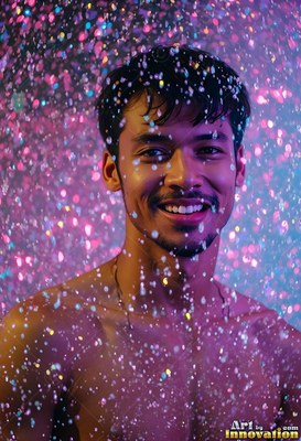 Smiling under falling droplets of water, a bare-chested man stands in pink light