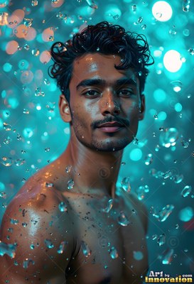 A shirtless man surrounded by water drops in teal light