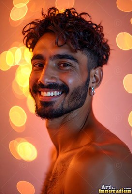 A man with a smile with curly dark hair and a beard poses beside warm yellow blurred lights