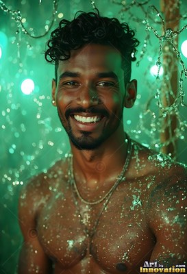 A smiling man without a shirt stands in water coming down lit with bright green light
