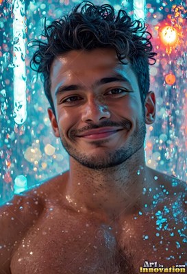 Facing forward in the shower, a smiling bare-chested man under blue light