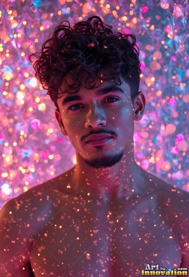 A shirtless young man stares ahead through sparkling pink and blue lights