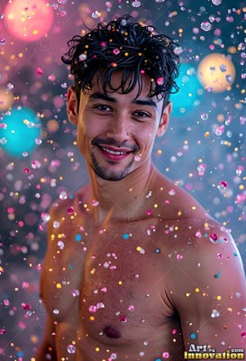 Under blurred pink and blue lights, a smiling shirtless man is showered in water droplets