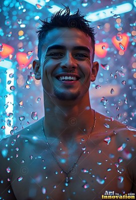 Smiling in a shower of water droplets, a man without a shirt stands in blue light