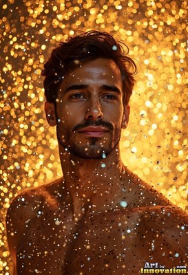 A bare-chested man standing surrounded by bright yellow drops of water