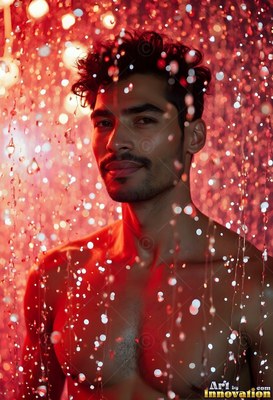Dark curly hair frames a shirtless man standing behind bright falling drops in red light
