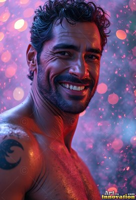 A smiling man without a shirt turns under water coming down illuminated by soft pink light
