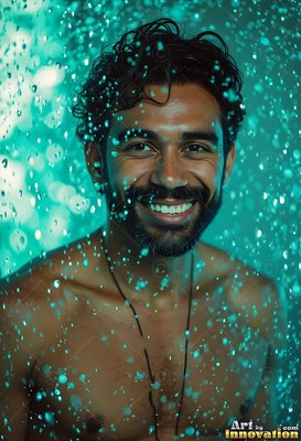 Facing forward, a smiling bare-chested man stands in falling water under green light