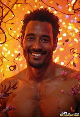 A shirtless man smiles warmly in front of blurred yellow and orange lights