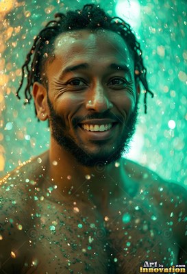 In green shower light, a smiling bearded man stands covered in bright falling drops of water