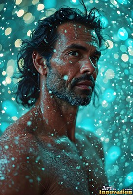 Standing in falling water, a shirtless man turns in bright turquoise light