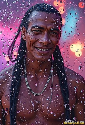 Smiling man with braided hair covered in rain under pink light