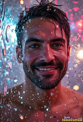 Dark wet hair clings to a man smiling behind glass covered in water droplets under pink light