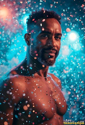 A shirtless man standing surrounded by floating drops of light against deep blue