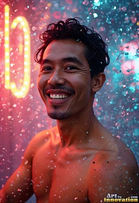 Turned to the side, a shirtless man smiles under water coming down by neon lights