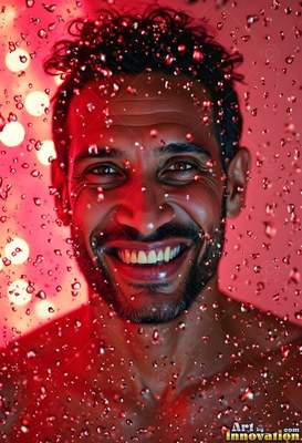 A smiling man with wet hair looks through falling red water droplets