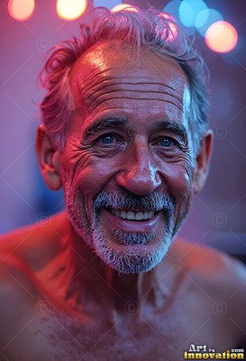 Under red and blue lights, a bare-chested older man smiles broadly