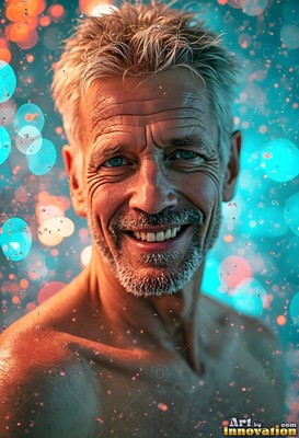 Smiling warmly, a shirtless older man stands surrounded by soft aqua bokeh circles