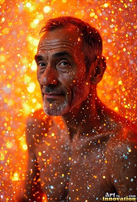 Older shirtless man with bright yellow and orange light specks
