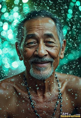 A gray goatee on a smiling, shirtless older man standing in water droplets against green light