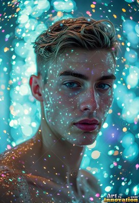 A shirtless young man gazes forward under descending water specks in cool turquoise light
