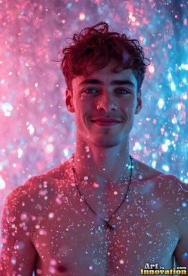 Facing forward, a shirtless man smiles under pink and blue droplets of water