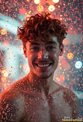 A smiling bare-chested man with curly hair stands in warm orange falling drops of water